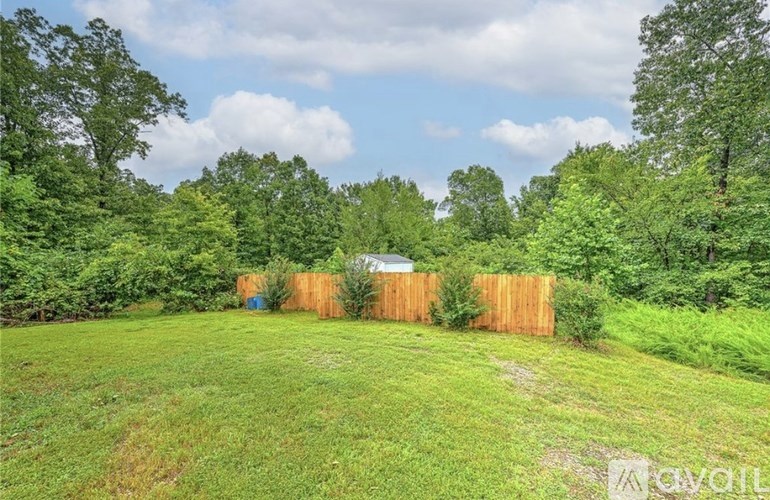 A backyard with a wooden fence and green grass.
