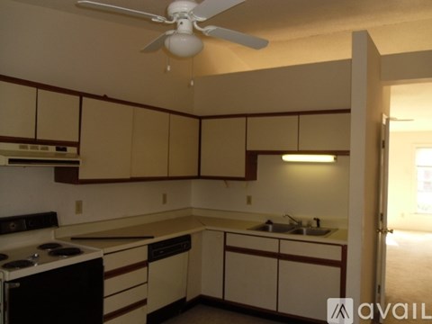 A kitchen with a fan on the ceiling and a sink in the middle.