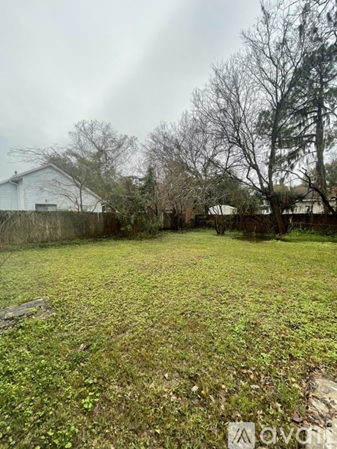 A backyard with a fence and trees.