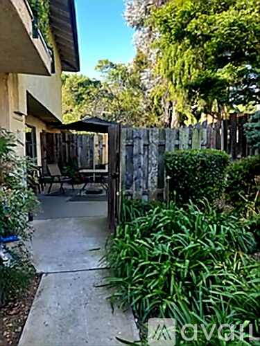 A backyard with a concrete walkway and a wooden fence.