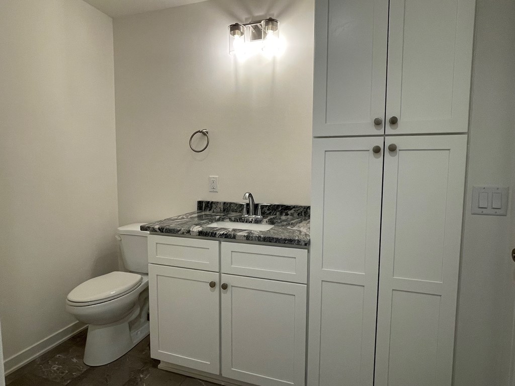 A white bathroom with a toilet, sink, and cabinets.