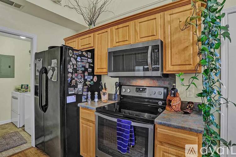 A kitchen with wooden cabinets and a black refrigerator.
