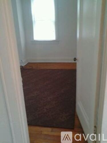 A hallway with a rug and a door.