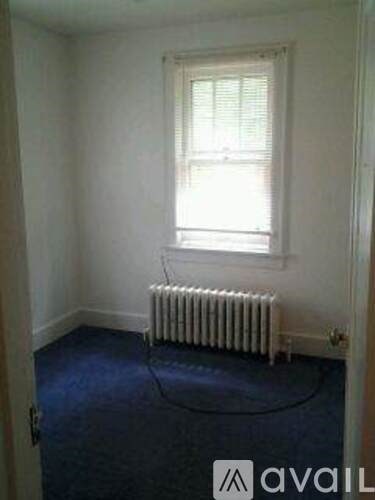 A room with a window and a radiator on a blue carpet.