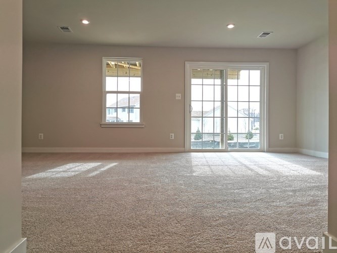 A spacious room with carpeted floor and two windows.