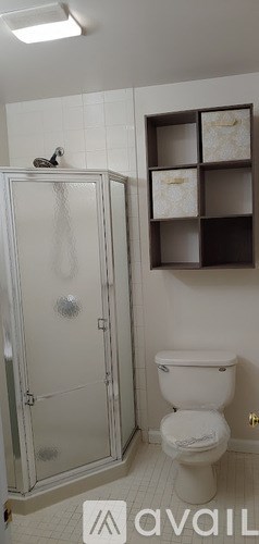 A white toilet in a bathroom with a glass shower door.
