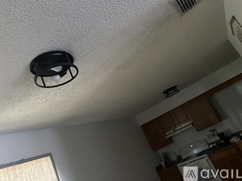 A smoke detector is mounted on the ceiling in a kitchen.