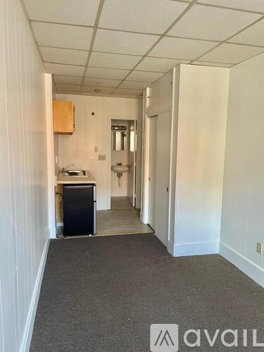 A hallway with a trash can and a door at the end.