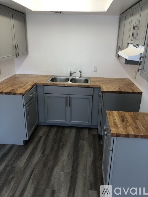 A kitchen with a sink and cabinets.