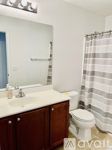 A bathroom with a toilet, sink, and shower curtain.