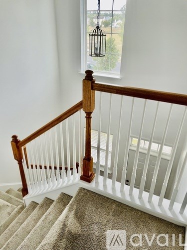 A staircase with a wooden handrail and a carpeted runner.