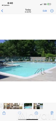 A swimming pool surrounded by a fence and trees.