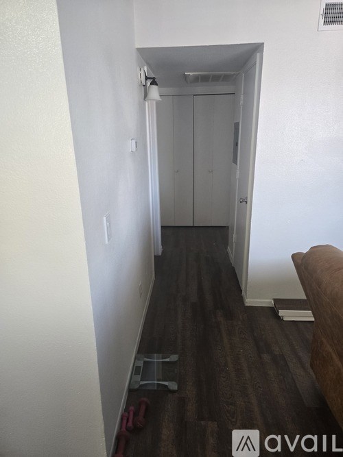 A hallway with a white door and a brown couch.