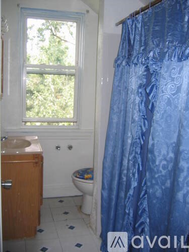A bathroom with a toilet, sink, and blue shower curtain.