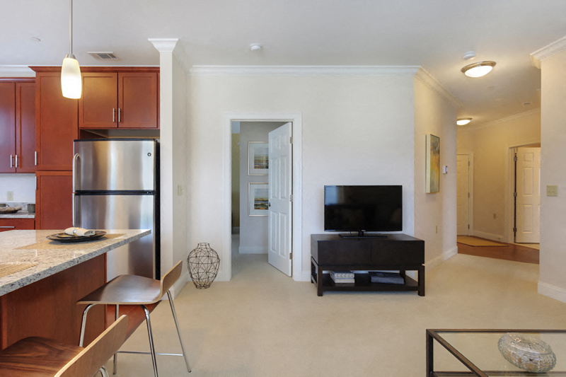 a living room with a flatscreen tv and a kitchen