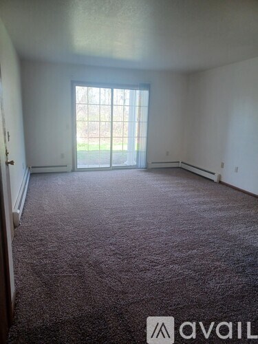 A carpeted room with a large window and a door leading outside.