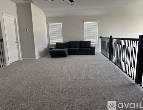A living room with a black sofa and a carpet.