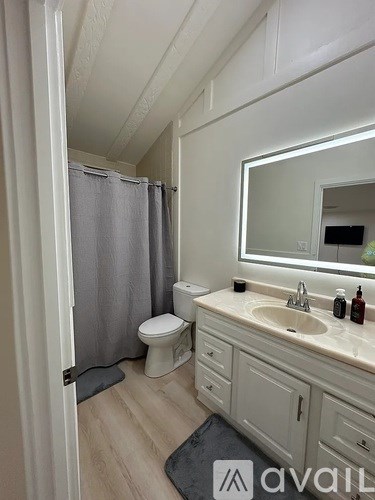 A bathroom with a toilet, sink, and mirror.