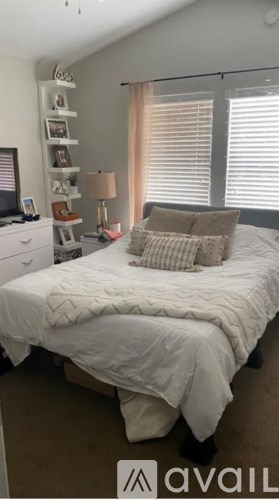 A bedroom with a large bed and a white dresser.