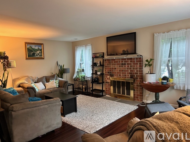 A living room with a fireplace and a television.