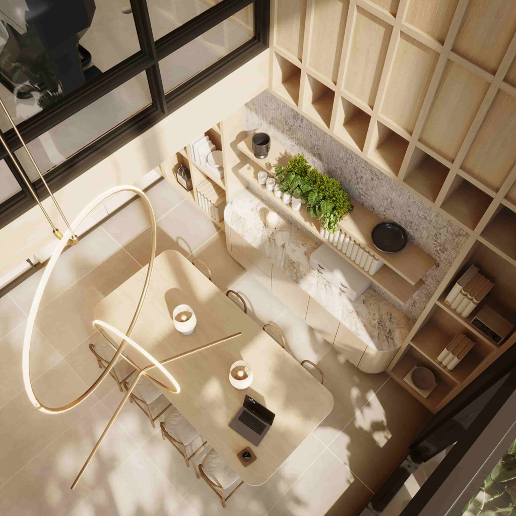 A bathroom with a tub, shower, and wooden shelves.