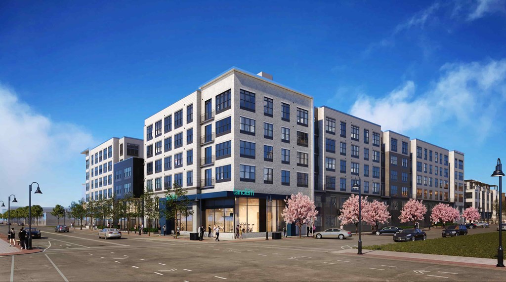 A modern building with a blue awning and cherry blossom trees in front.