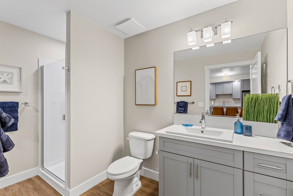 A bathroom with a toilet, sink, and mirror.