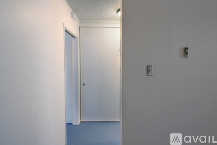 A white door is in a room with a light switch on the wall.