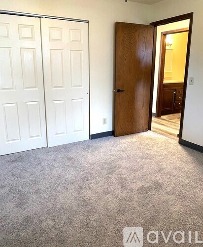 A room with a carpeted floor, two white doors, and one wooden door.