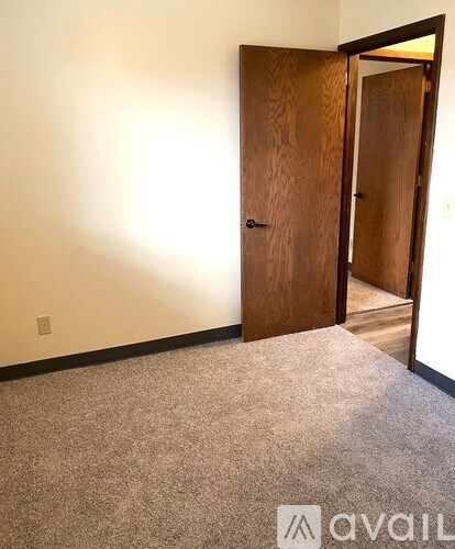 A room with a carpeted floor and a wooden door.