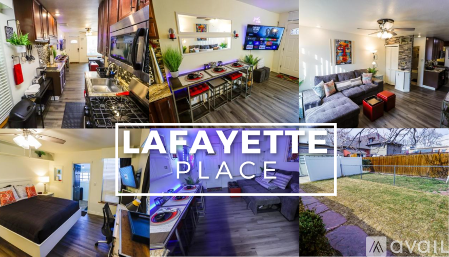 A collage of photos showcasing a modern apartment with a kitchen, living room, and outdoor space.