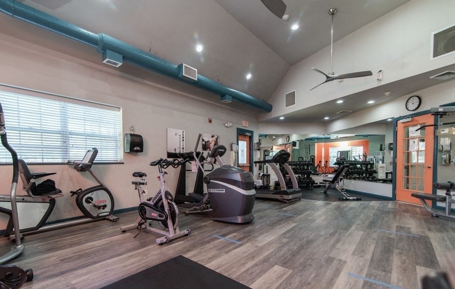 a gym with cardio machines and weights on the floor and a window