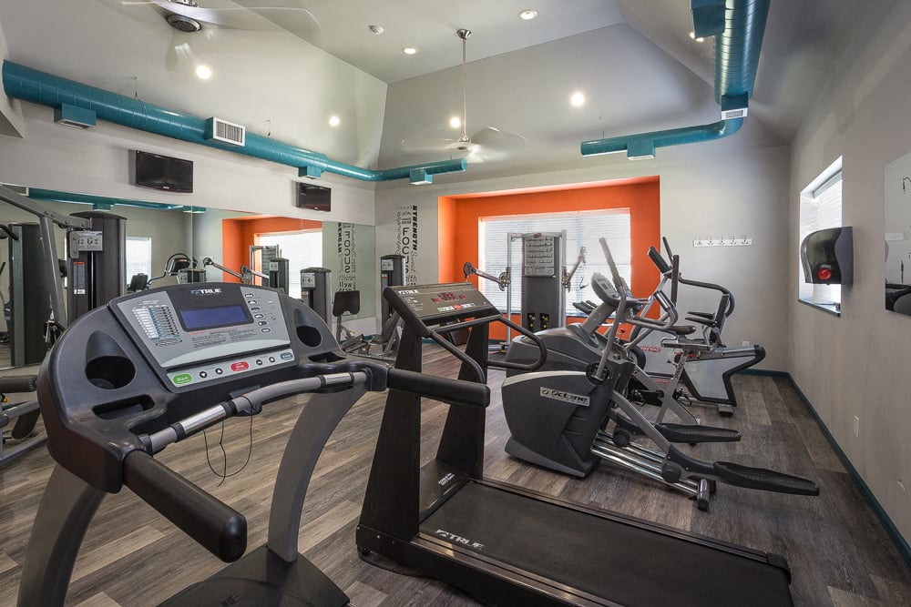 a gym with treadmills and other exercise equipment