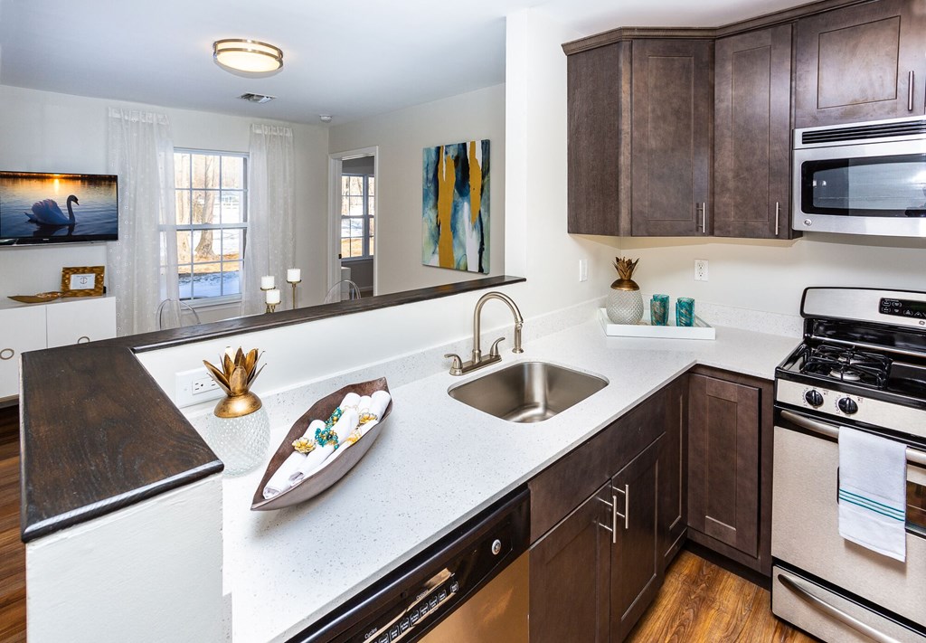 a kitchen with a sink and a stove and a window