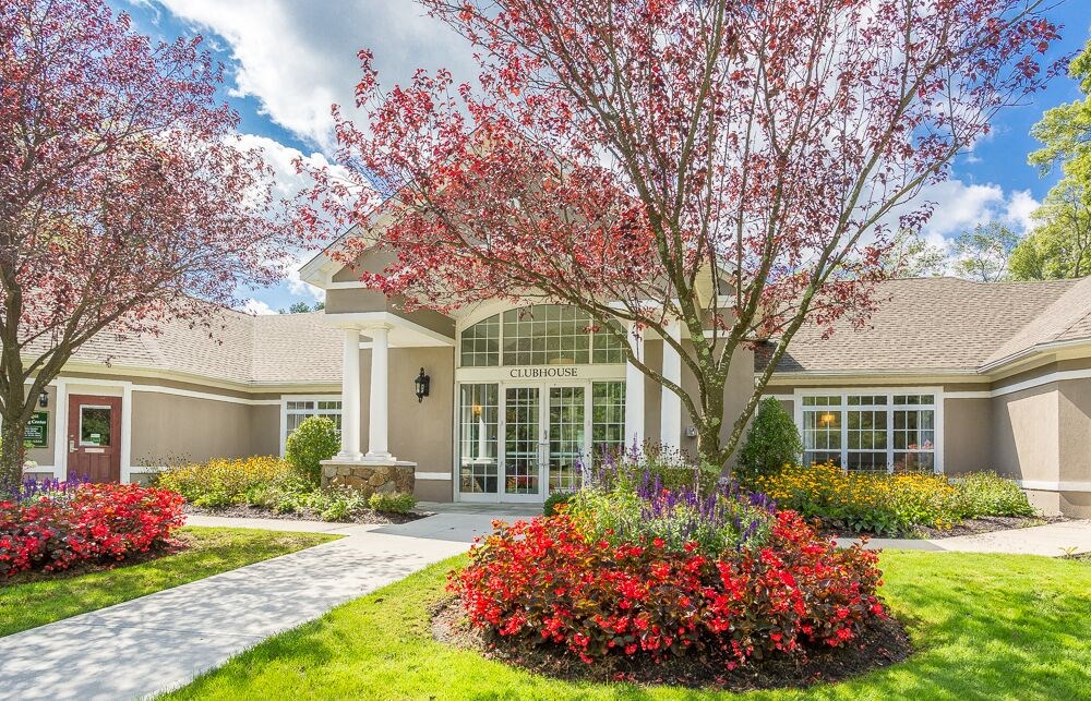a house with a tree and flowers in front of it