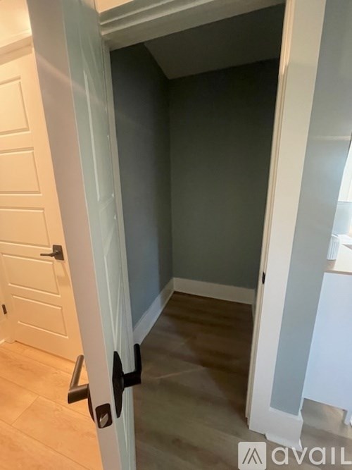 A white door with a black handle is open.