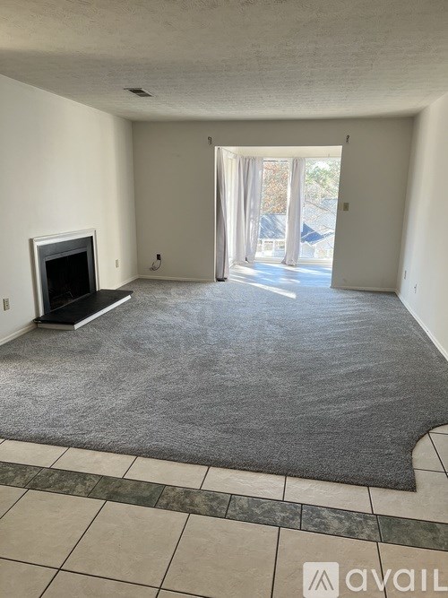 A living room with a grey carpet and a fireplace.
