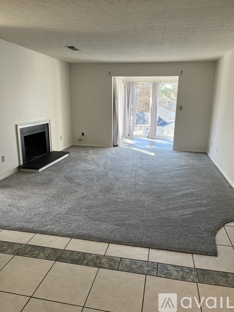 A living room with a grey carpet and a fireplace.
