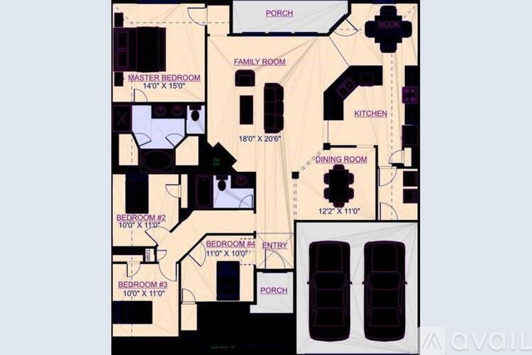 A floor plan of a house with a garage and three bedrooms.