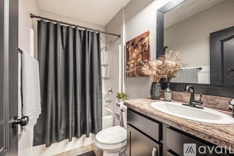 A bathroom with a toilet, sink, and a shower with a black curtain.