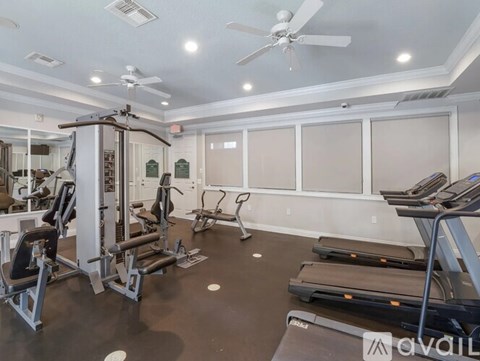 A gym with treadmills, weights, and a fan.