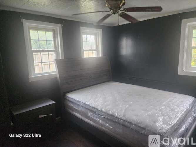 A bedroom with a bed, a ceiling fan, and two windows.