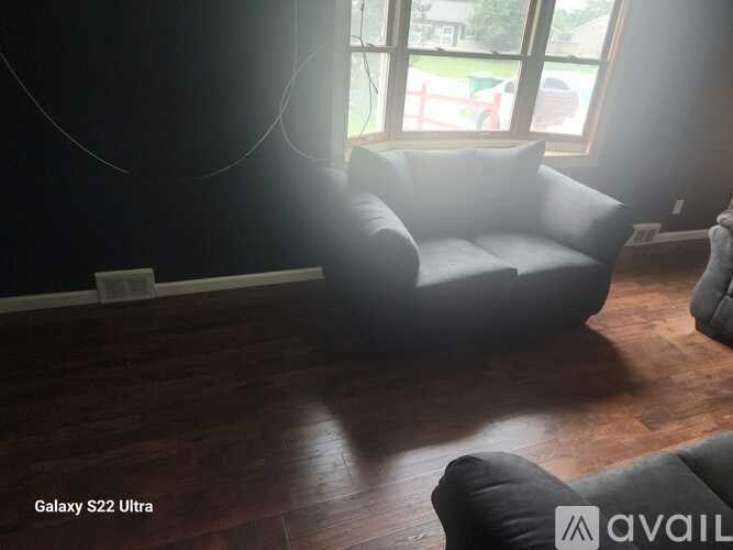 A living room with a grey couch and wooden flooring.