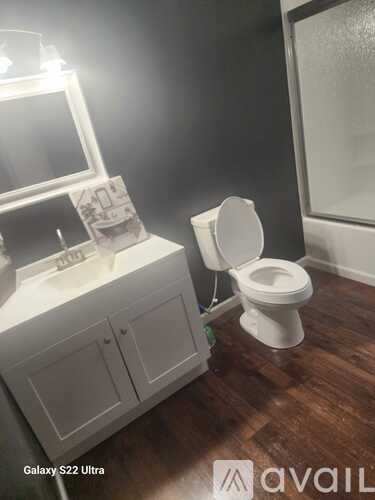 A white toilet in a bathroom with wooden floors and a cabinet with a mirror above it.