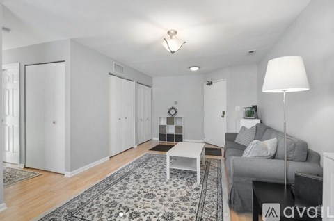 A living room with a grey couch, a white coffee table, and a rug with a black and white pattern.