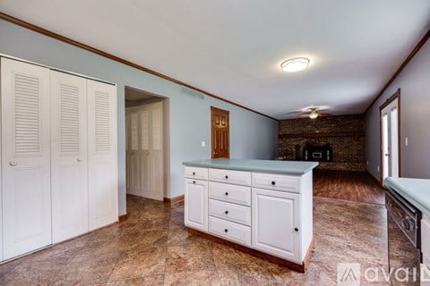 A kitchen with a white counter and cabinets.