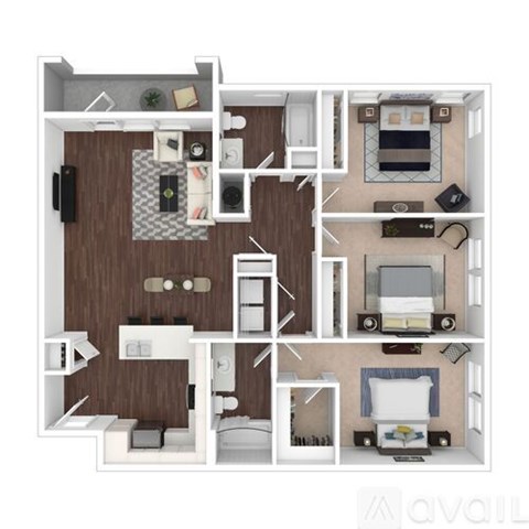 A floor plan of a small apartment with a kitchen, living room, and bedroom.
