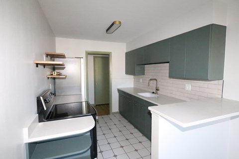 A kitchen with a sink and a counter.