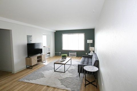 A living room with a grey sofa and a black coffee table.