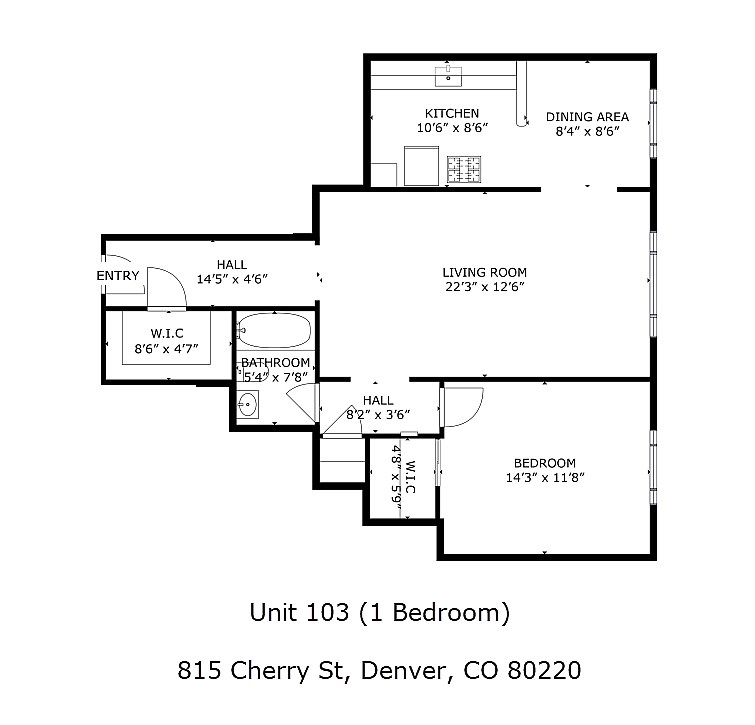 A floor plan for a one bedroom apartment at 815 Cherry St, Denver, CO 80220.